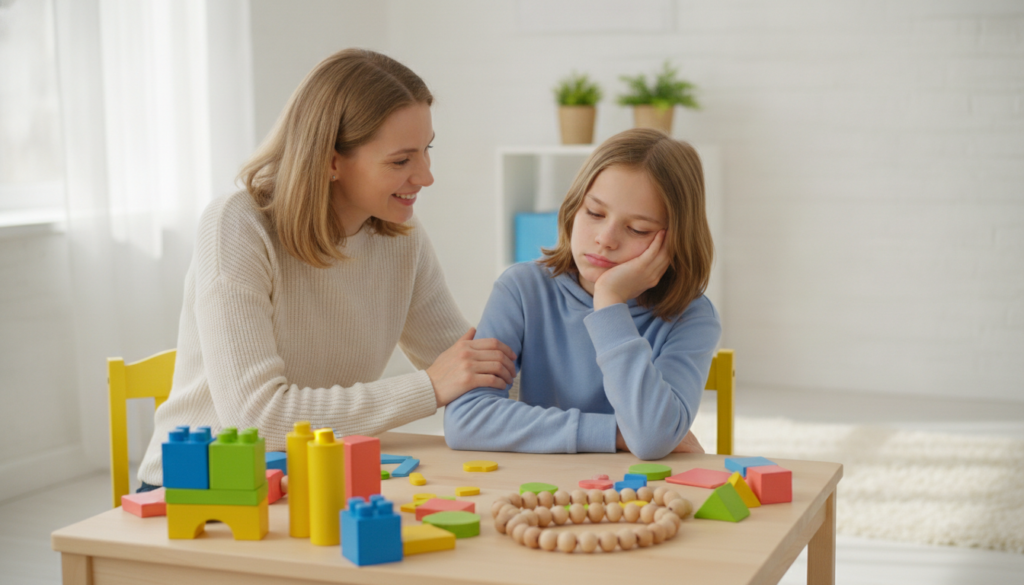 A mother encouraging her 12-year-old child at a bright table of colorful learning blocks