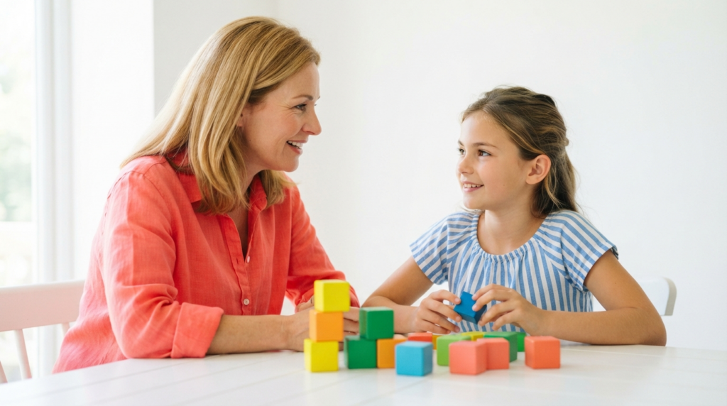 Thoughtful hopeful mother talking warmly with her calm child at a bright kitchen table
