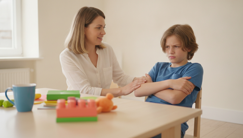 A patient mother beside her defensive 12-year-old child at a bright table