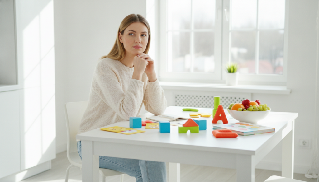 A hopeful mother at a bright kitchen table considering her options for her child