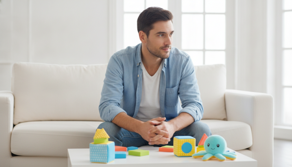 A calm attentive father watching his child, considering whether a learning gap is pandemic loss or a red flag