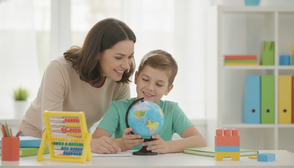 A mother leaning in supportively beside her 12-year-old at a bright desk