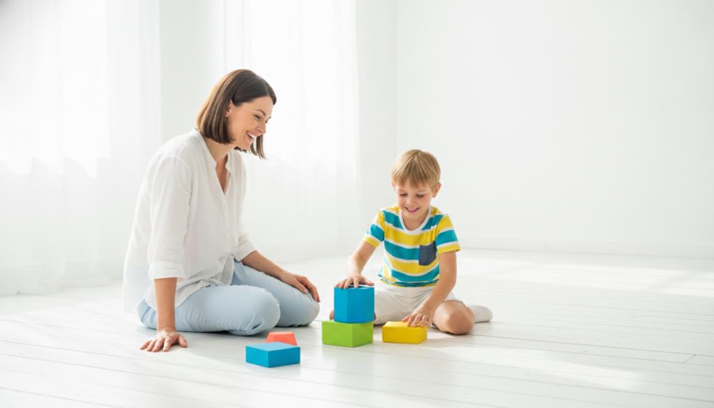 A mother smiling warmly as she watches her child in a bright airy room