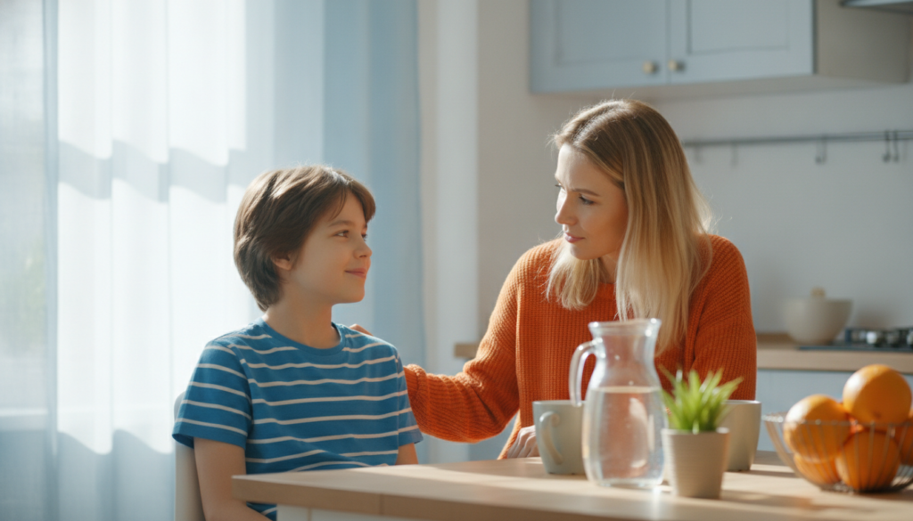 A parent and their 12-year-old sitting calmly together at a bright kitchen table, the child relaxed and hopeful