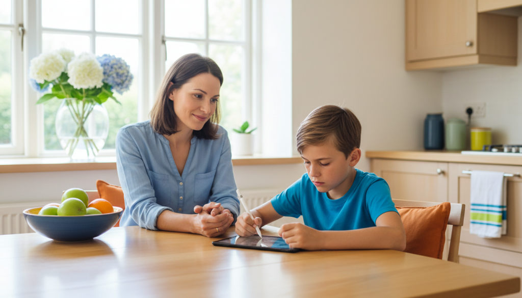 A parent attentively watching their 12-year-old at a bright kitchen table, reading the childs cues