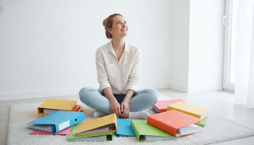 A mother sitting among stacks of colorful binders and folders, realizing the failed programs are a clue