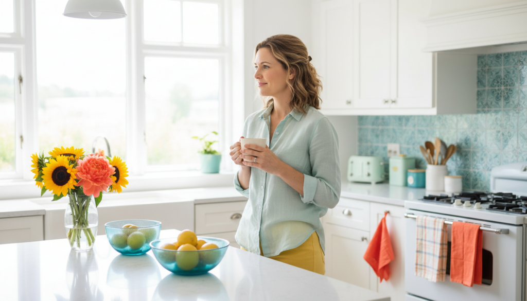 A mother by a sunny kitchen window, thoughtful and hopeful about her daughter falling behind at school