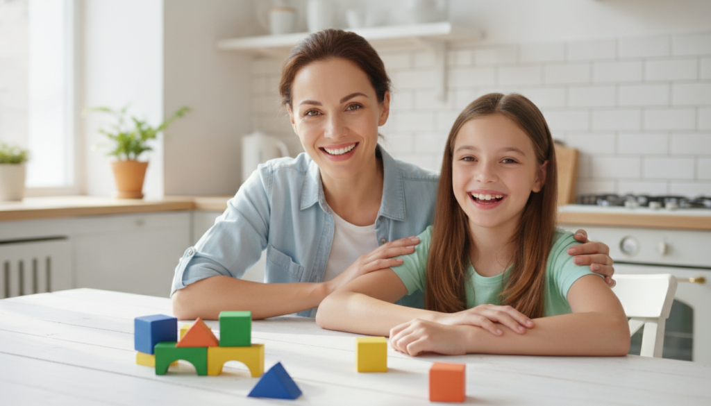 A relieved mother and her daughter smiling together at a bright kitchen table