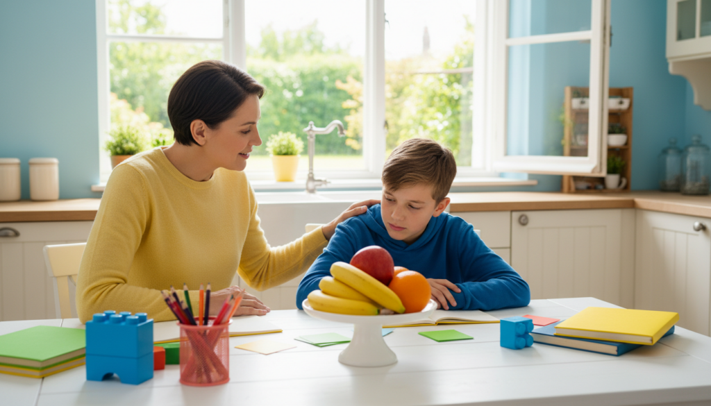 Parent leaning in to reassure a discouraged child at a bright kitchen table