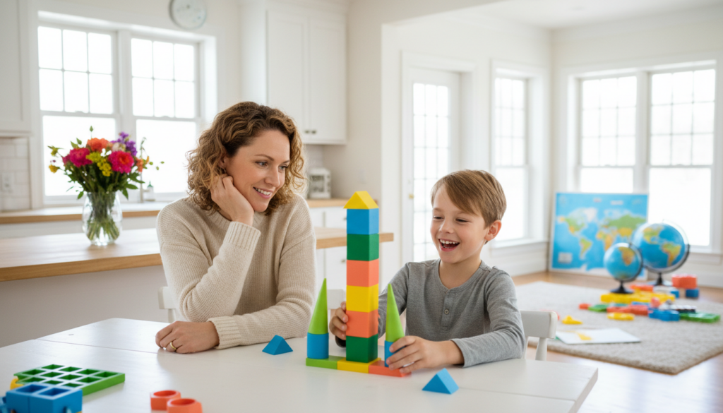 A homeschooling parent looking hopeful at a bright table while their child learns nearby