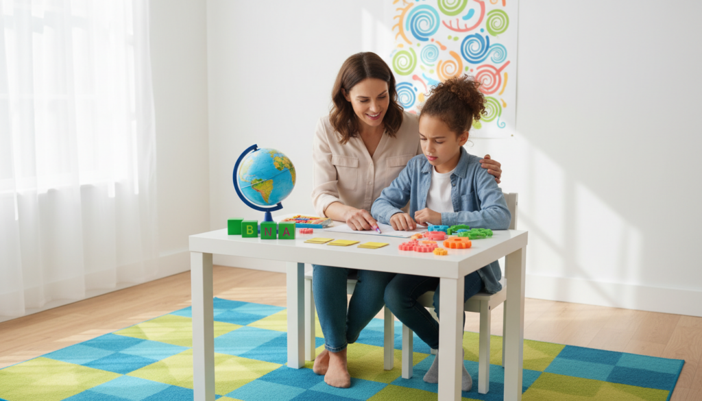 A patient parent supporting their determined child during a bright learning session