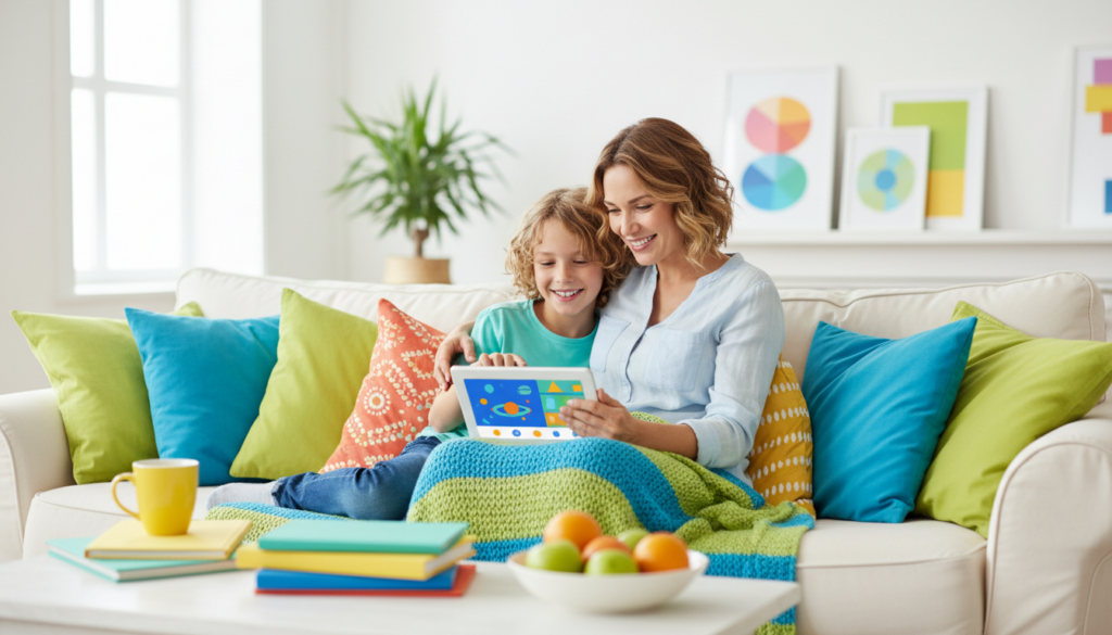 A parent and child snuggled together happily enjoying a shared learning moment on a bright couch