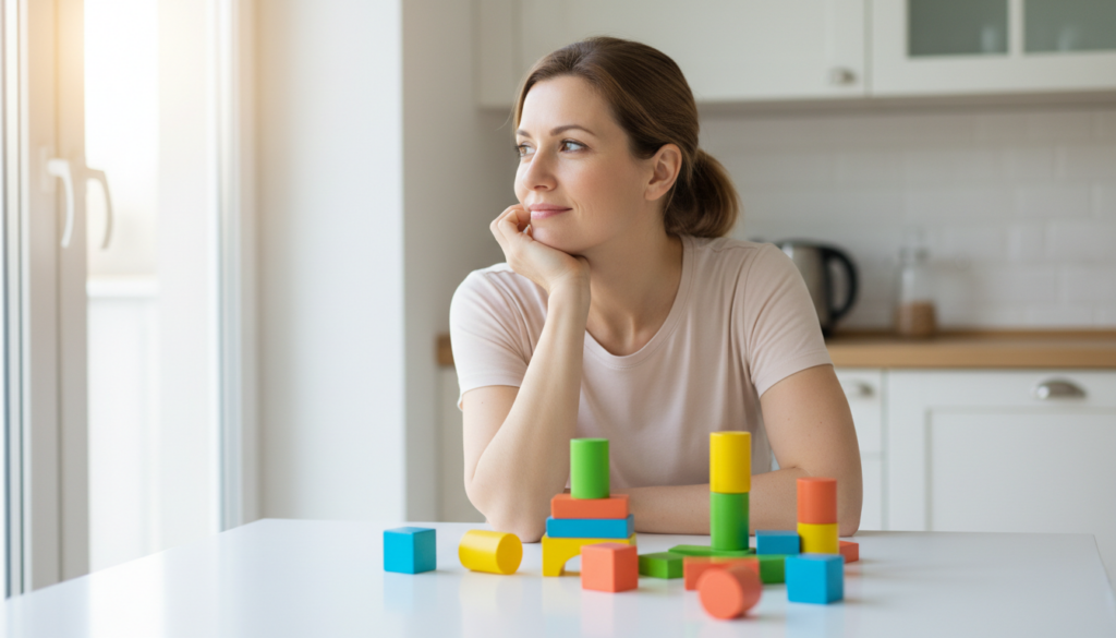 Thoughtful mother sitting at a bright kitchen table looking calm and hopeful