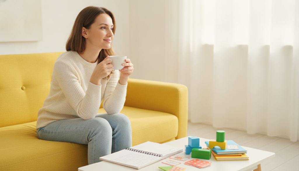Calm hopeful mother with tea and a notebook in a sunlit living room