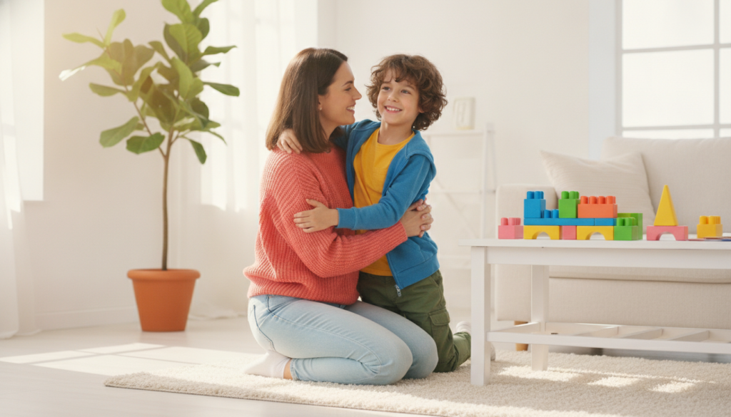 Determined hopeful mother kneeling beside her son with a reassuring smile