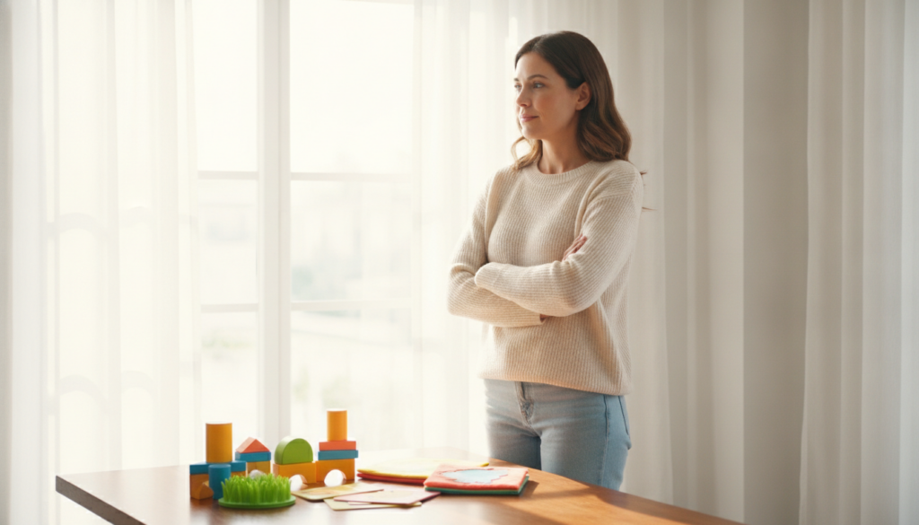 Calm perceptive mother standing by a bright window looking thoughtful and resolved