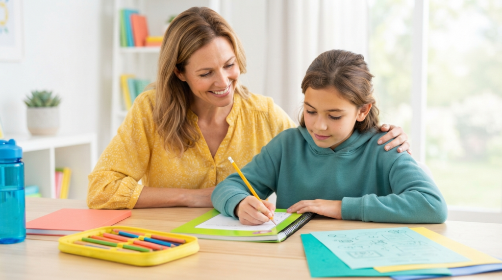 A supportive parent encouraging a determined child working with a pencil at a bright table