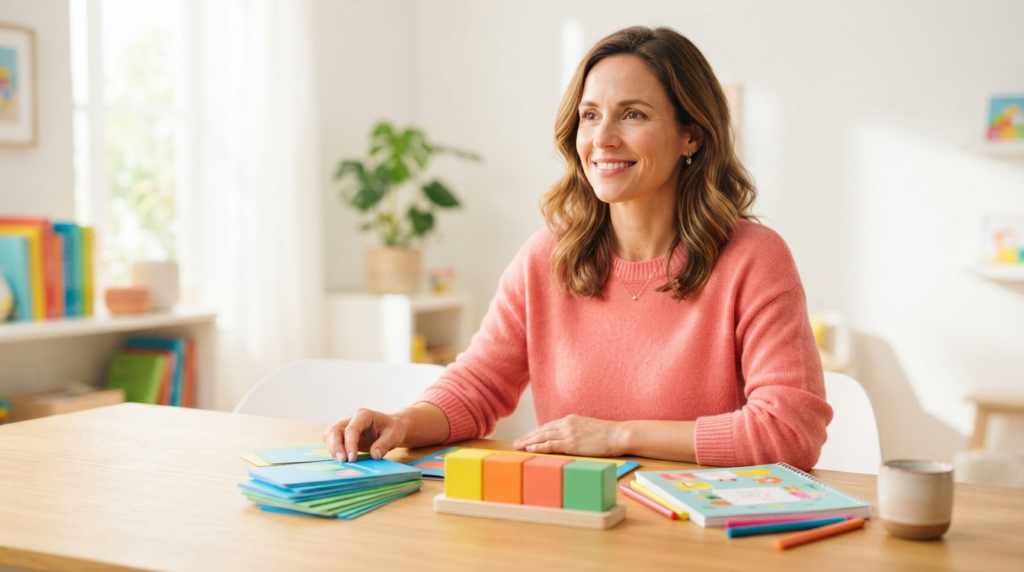 A parent shifting from worry to calm resolve at a bright table