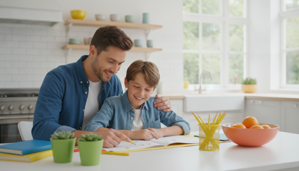 A parent encouraging a confident 12-year-old at a bright kitchen table