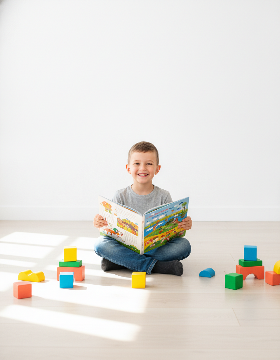 Confident child holding a colorful picture book with a proud relaxed smile