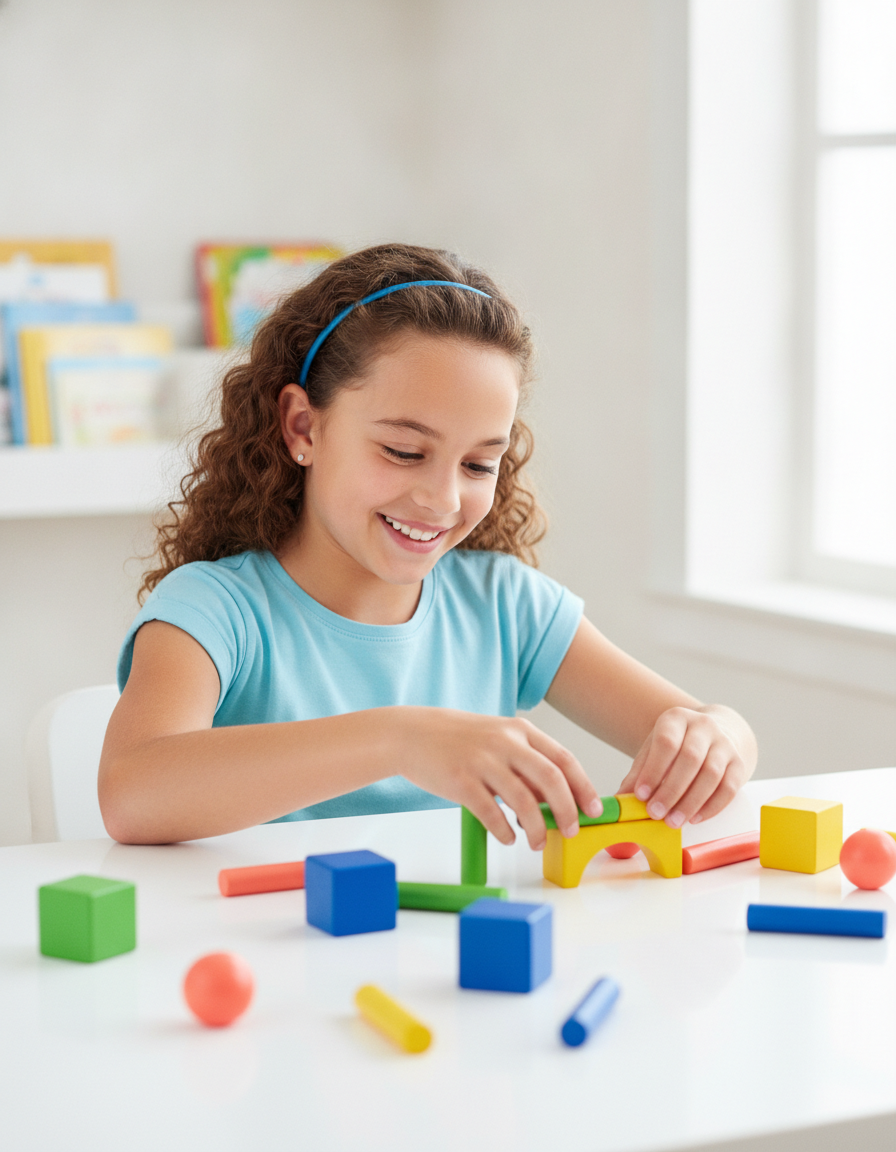 A focused 12-year-old arranging colorful counting blocks