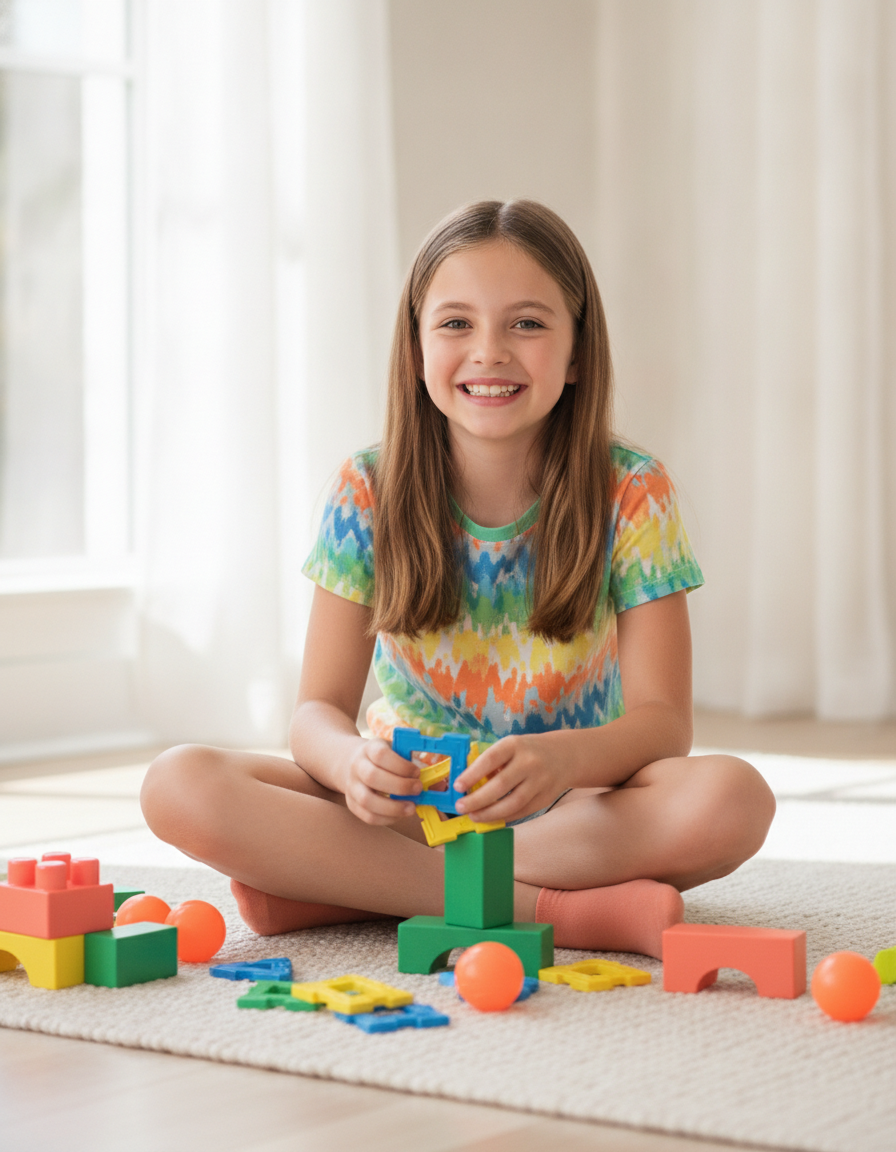 A confident 12-year-old engaged in a colorful learning activity