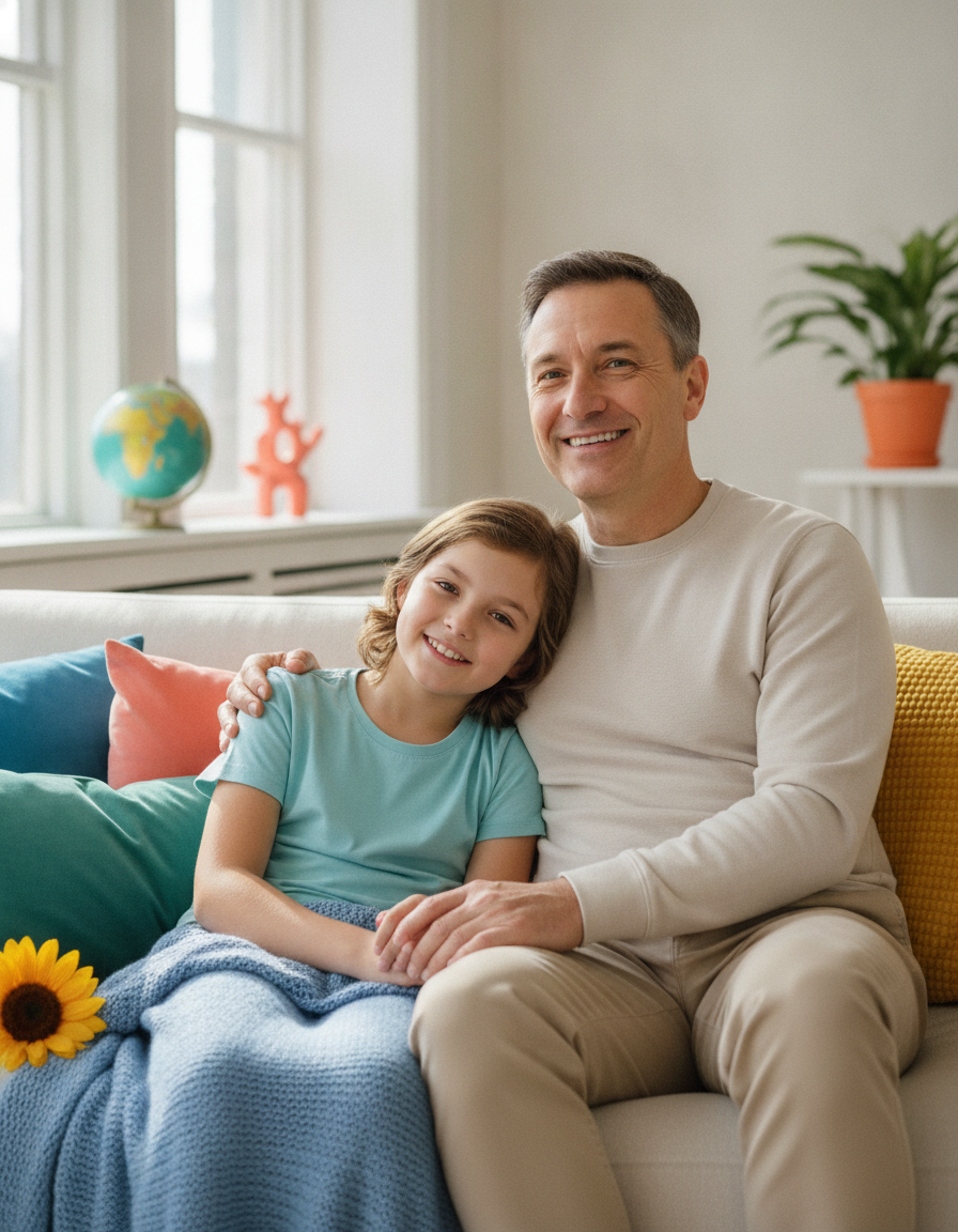 A parent and a child sitting together looking hopeful and connected in a bright airy room
