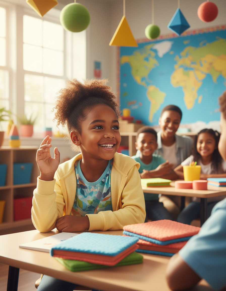 A hopeful child in a bright airy classroom looking engaged and supported