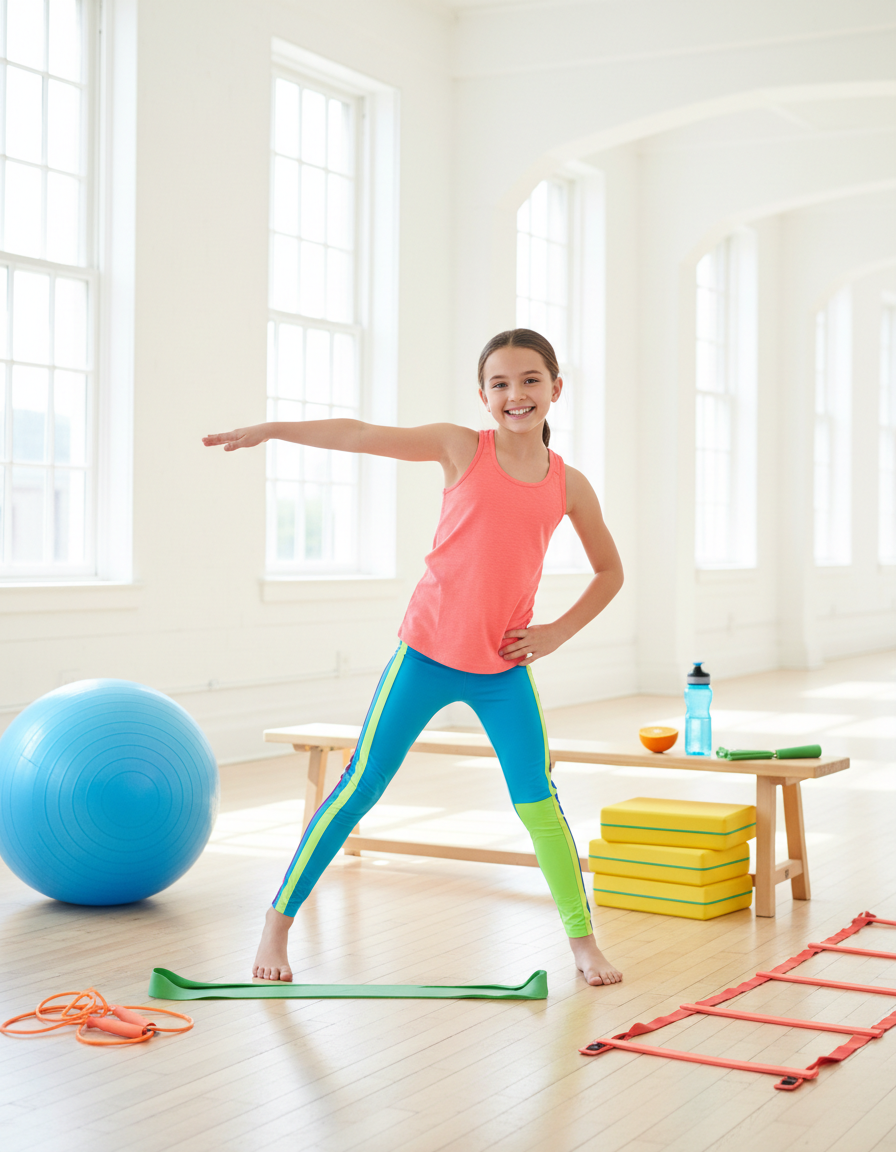 A child taking a movement break, stretching and re-energizing in a bright airy room
