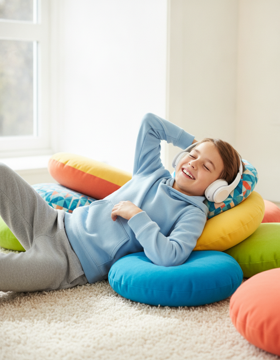 A happy 12-year-old child relaxing with headphones while listening to a story