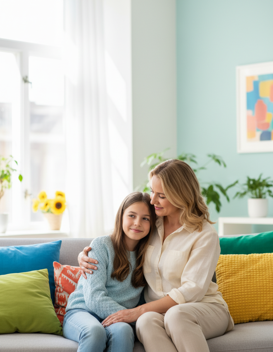 A hopeful moment of a girl relaxing and smiling beside her encouraging mother
