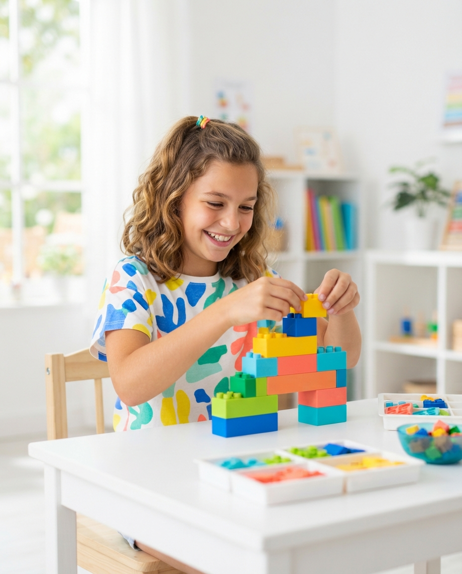 Confident happy child smiling while working on a colorful hands-on activity