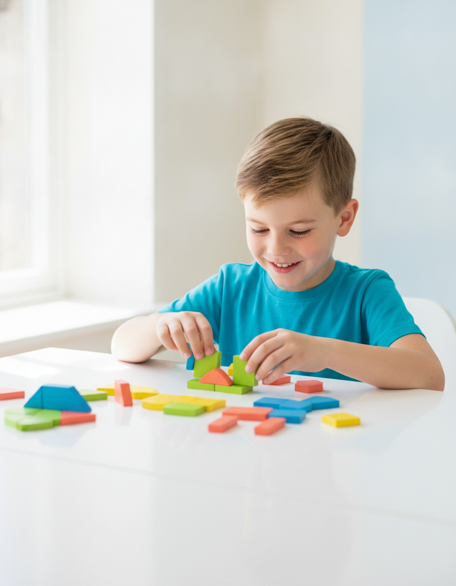 A focused 12-year-old child building a colorful pattern with learning blocks and counters