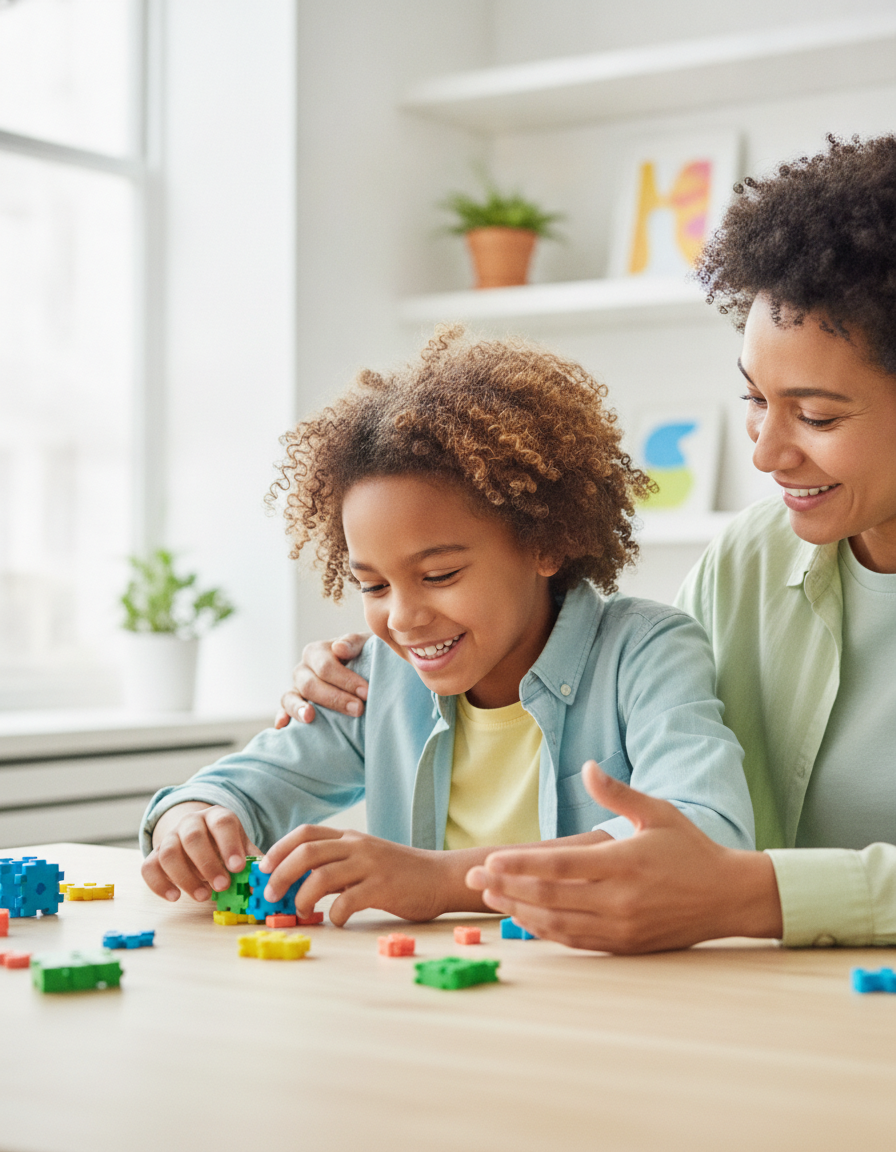 A 12-year-old child leaning in and beginning to smile while working with an encouraging parent
