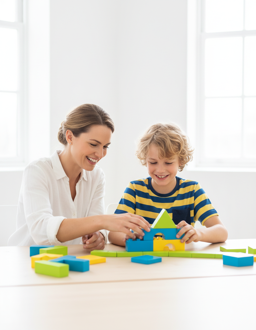 A mother and her 12-year-old child working together on a hands-on learning activity at a bright table