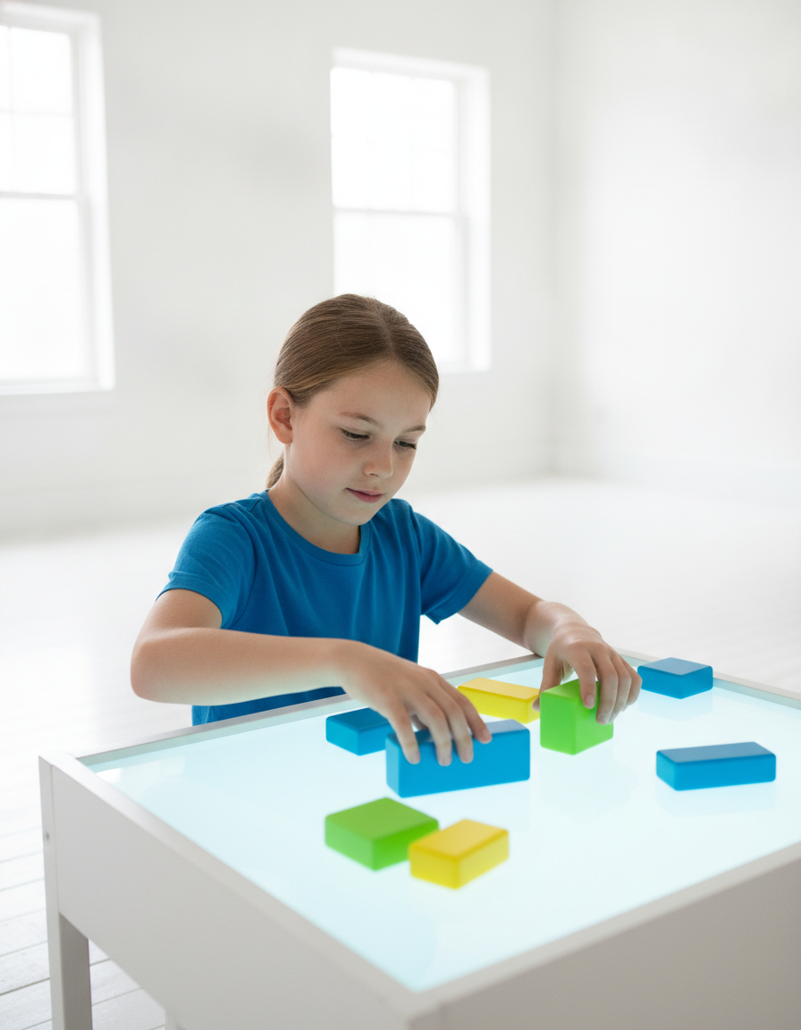 A focused 12-year-old child doing a colorful hands-on puzzle activity at a bright table