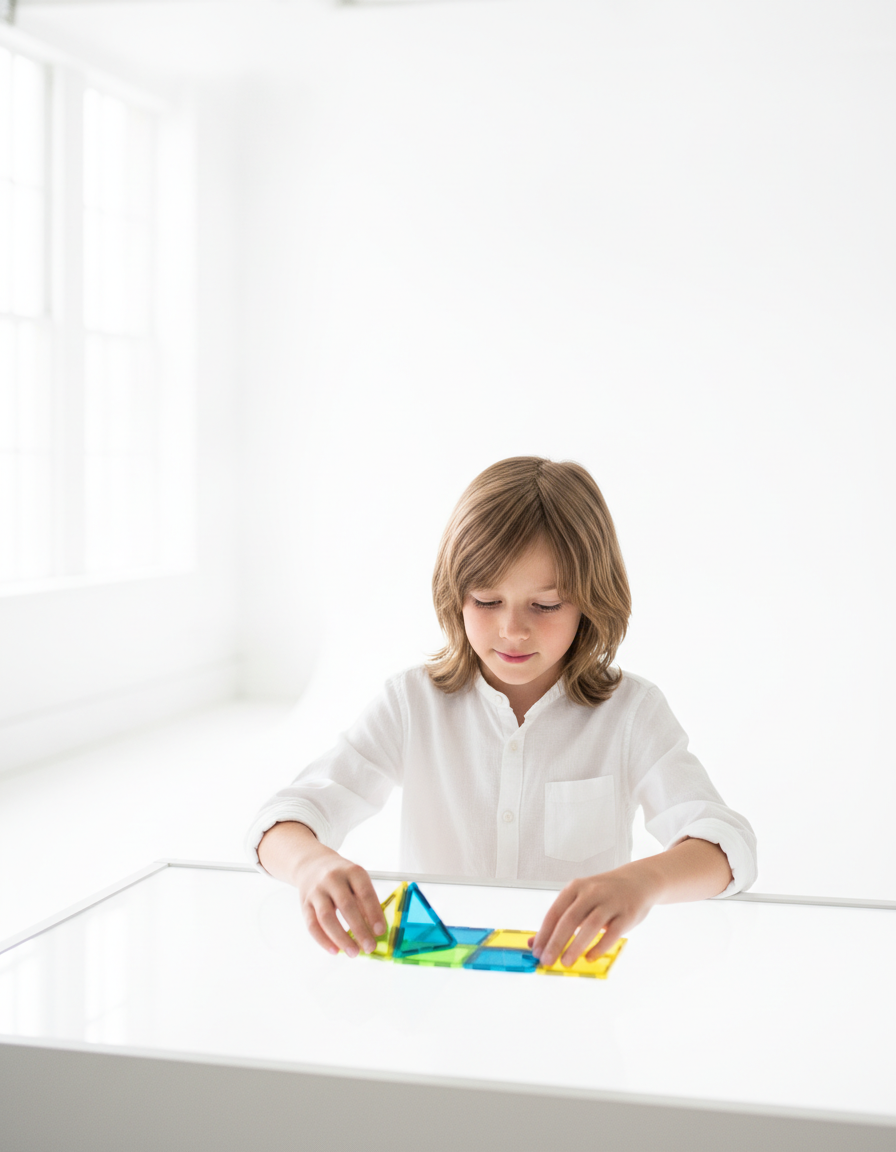 A 12-year-old child arranging colorful magnetic tiles at a bright table