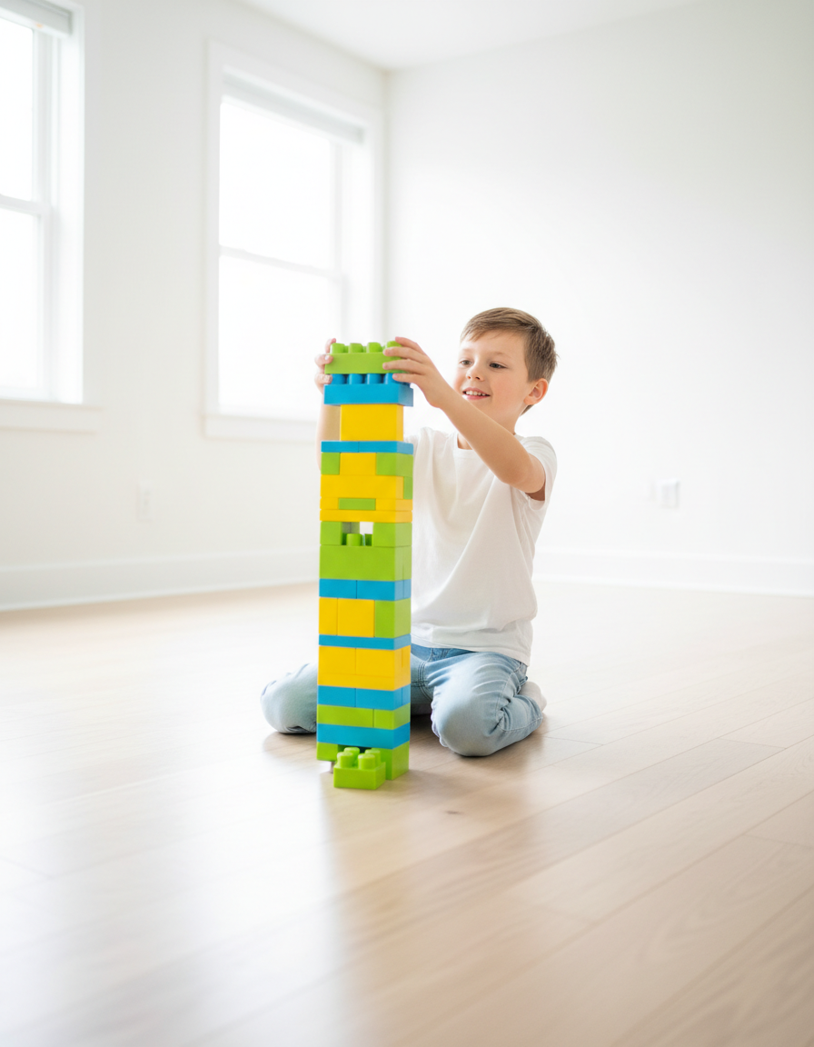 A 12-year-old child deeply absorbed building a colorful block tower