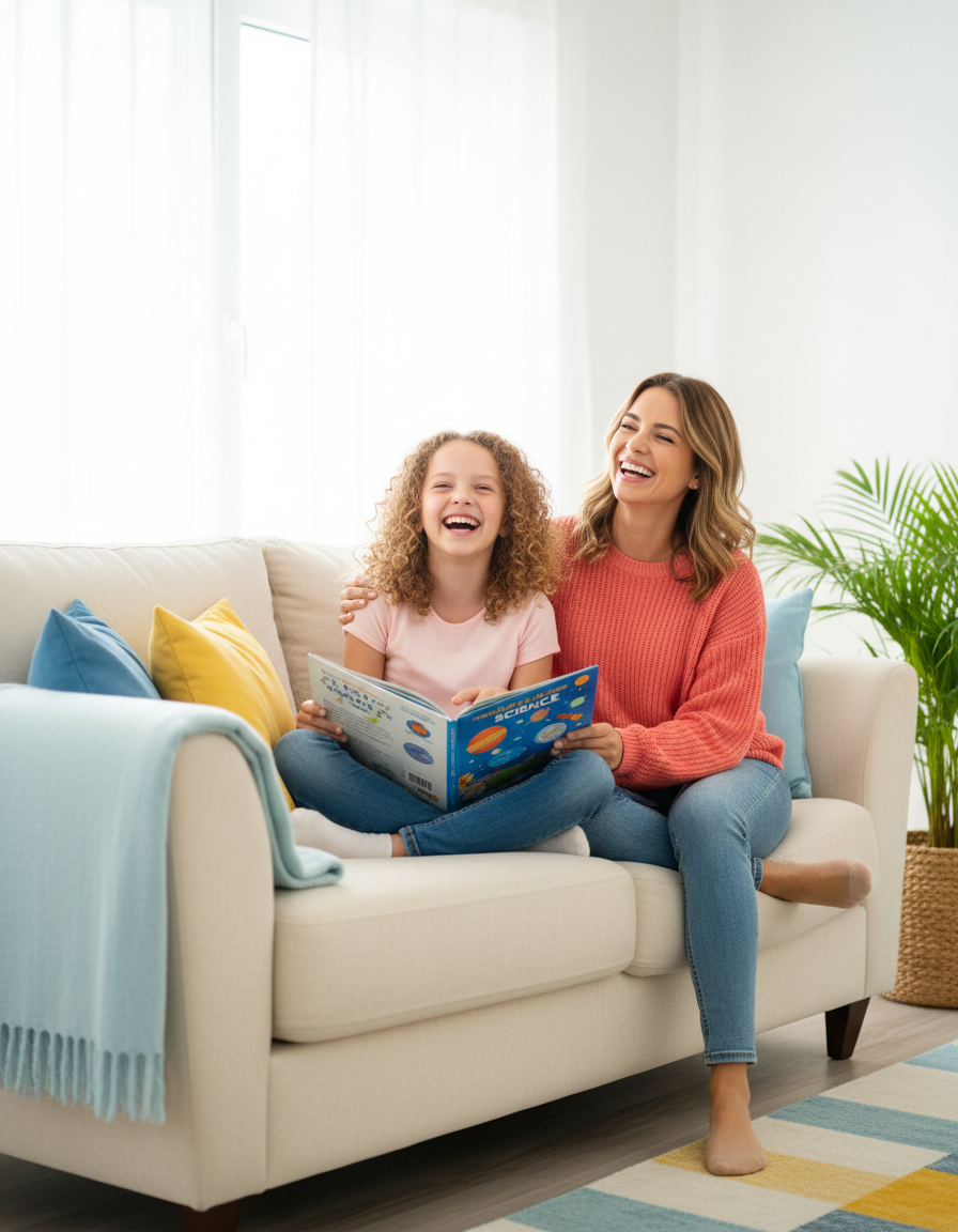 A relaxed 12-year-old laughing with a parent during a low-pressure learning moment
