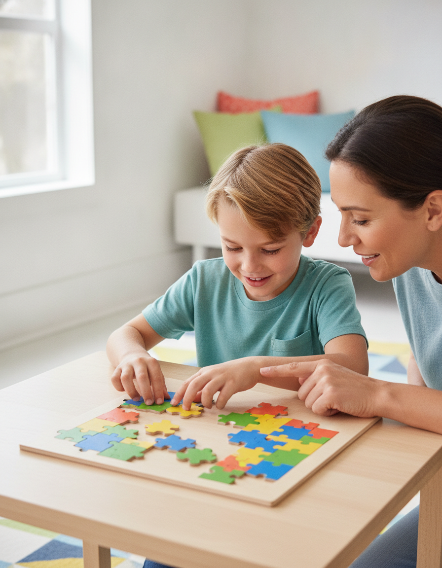 An engaged 12-year-old working on a puzzle while a parent offers a gentle hint