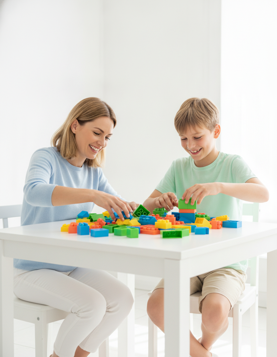 A boy and his mother sorting colorful learning blocks together at a bright table