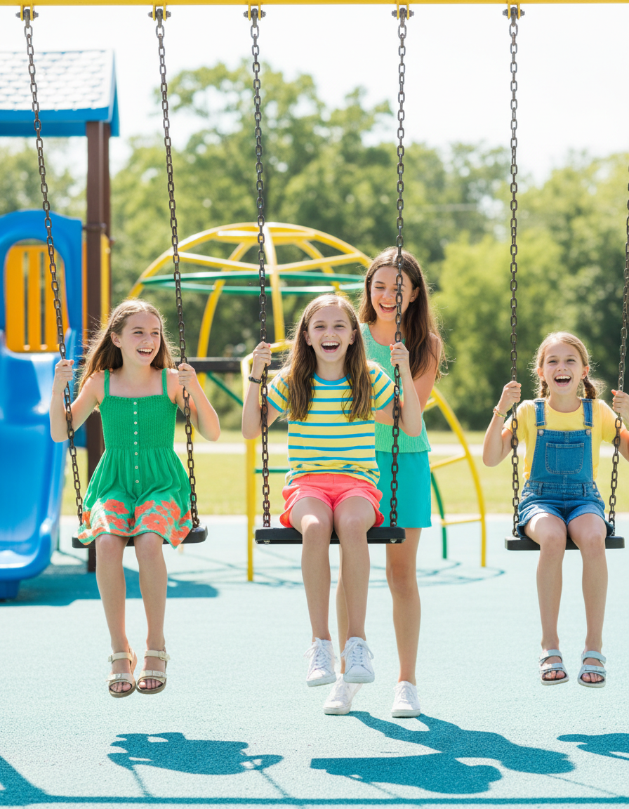 A girl laughing with two friends on a bright playground