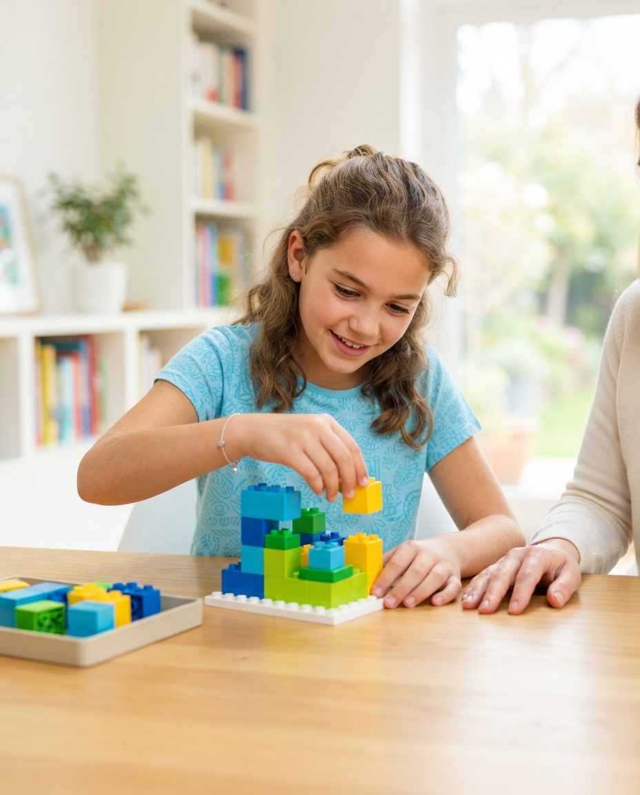 A confident girl building skills with colorful learning blocks beside her parent