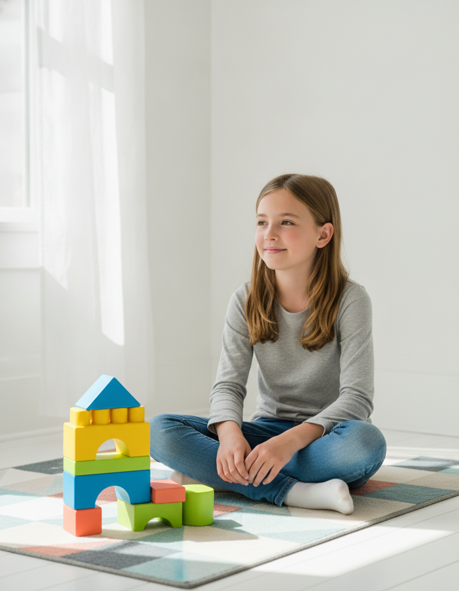 A girl sitting on a bright rug beside colorful learning blocks, thoughtful and hopeful