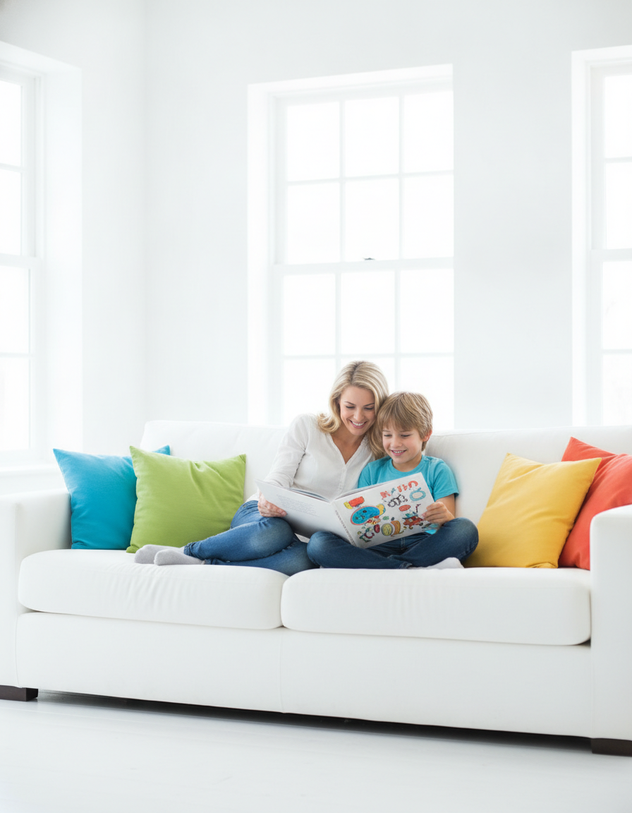 A mother and her son relaxed together on a bright sofa sharing an open picture book