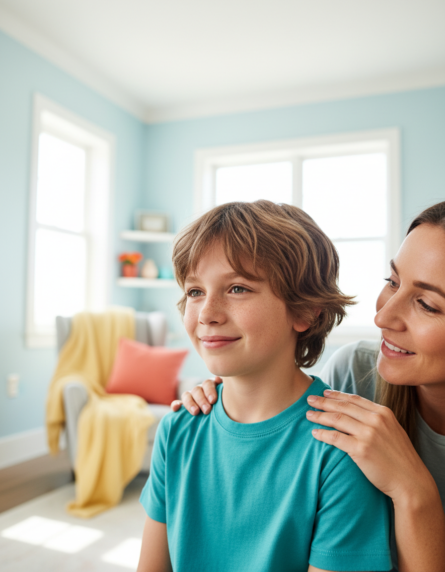 A child starting to smile again with a parent encouraging hand on their shoulder