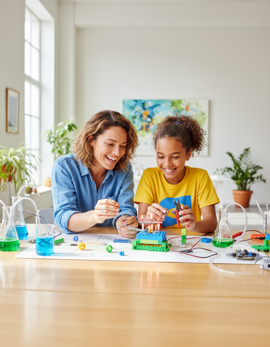 A parent and child exploring a hands-on learning activity together at home