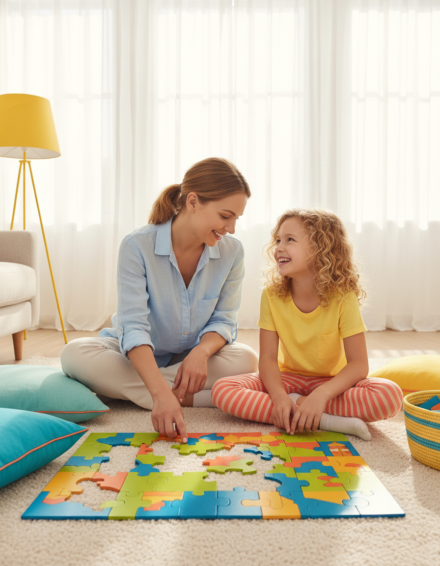 Mother and smiling 12-year-old daughter working together on a colorful puzzle