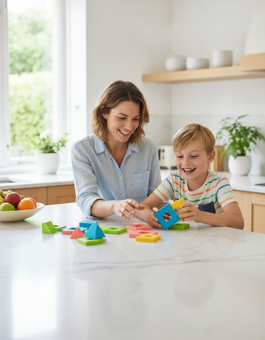 Relaxed mother and cheerful 12-year-old son learning together at a bright kitchen table