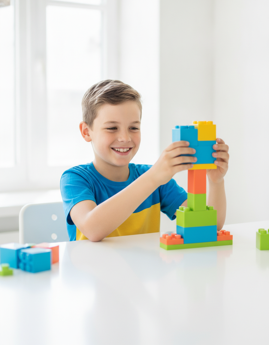 Cheerful confident 12-year-old boy enjoying a hands-on learning activity with colorful blocks